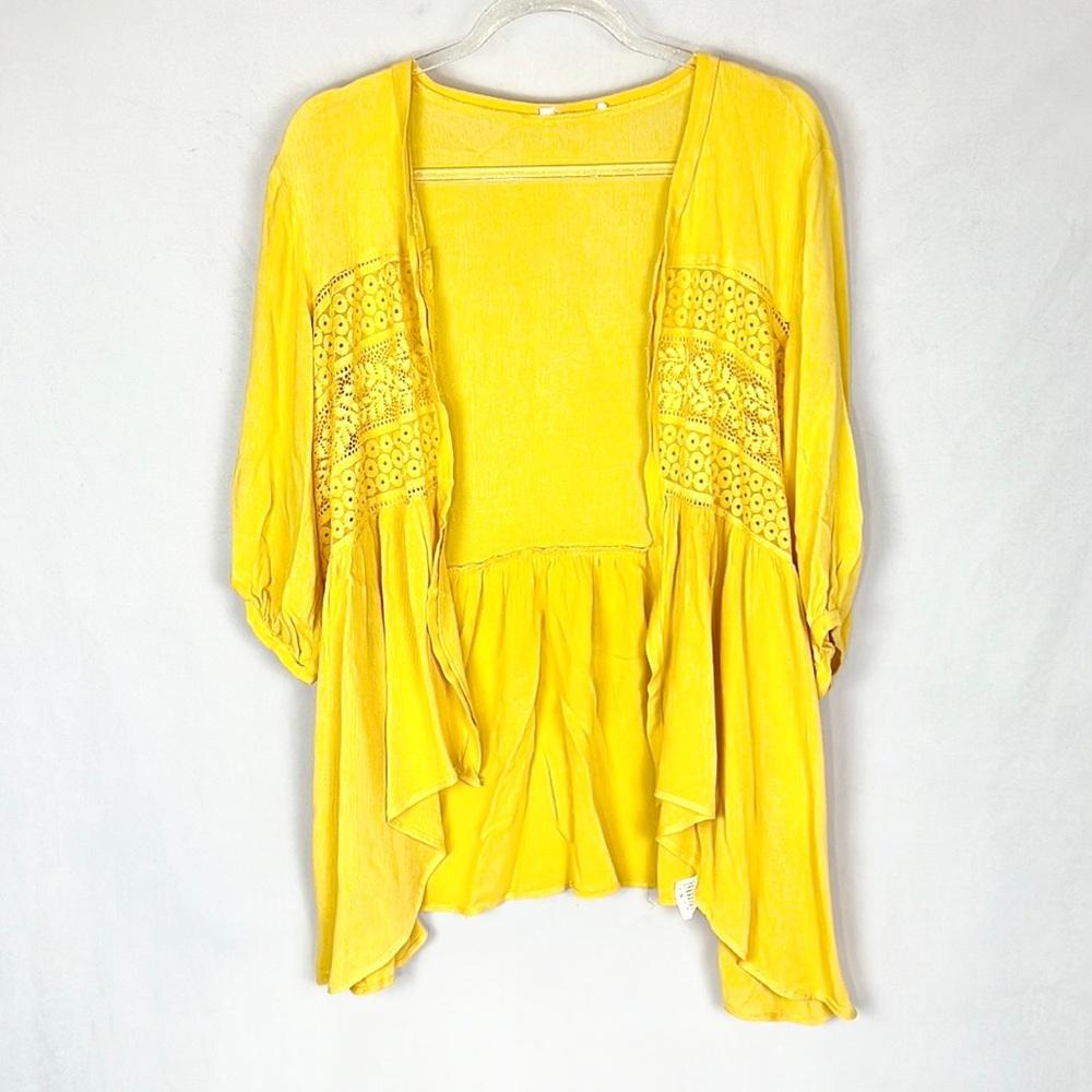 Goldenrod Yellow Crinkled Boho Lace Trim Loose Cardigan Style Top Blouse